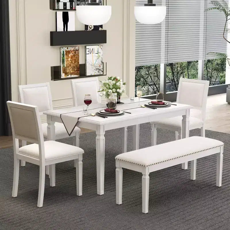 Whisen Vintage Dining Table Set & Rustic Kitchen Table Set for 6 with 4 Chairs & Bench and Retro Carved Legs