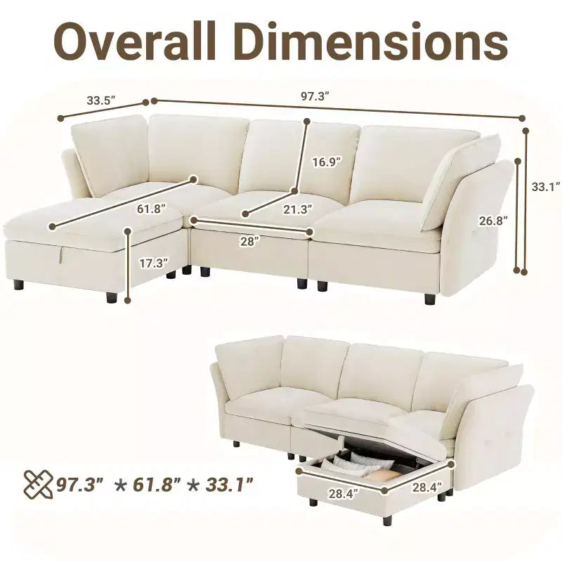97 l Shaped Sofa Couch, Upholstered Modular Sectional Sofa with Storage Ottoman, Deep Seat Sleeper Sofa for Living Room Office and Apartment