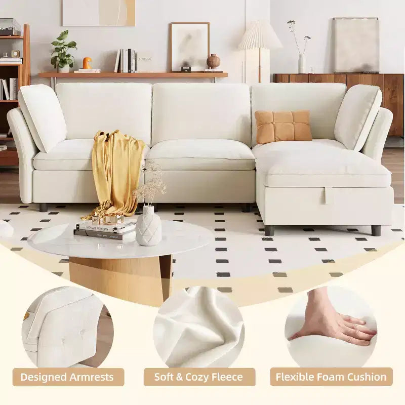 97 l Shaped Sofa Couch, Upholstered Modular Sectional Sofa with Storage Ottoman, Deep Seat Sleeper Sofa for Living Room Office and Apartment