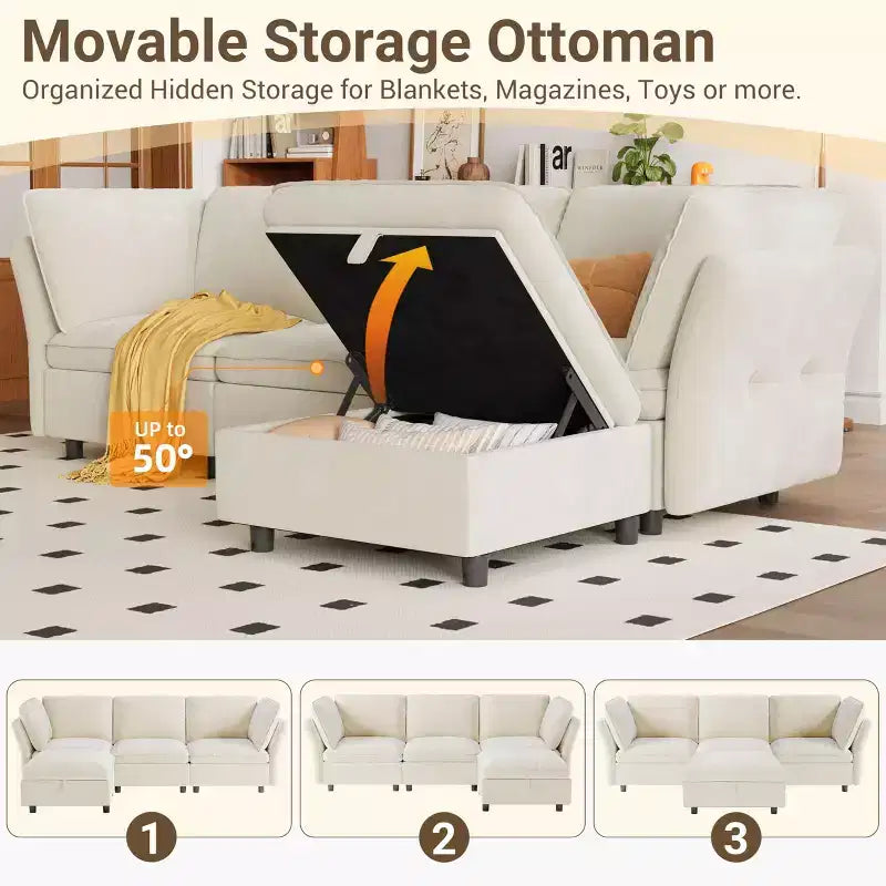 97 l Shaped Sofa Couch, Upholstered Modular Sectional Sofa with Storage Ottoman, Deep Seat Sleeper Sofa for Living Room Office and Apartment
