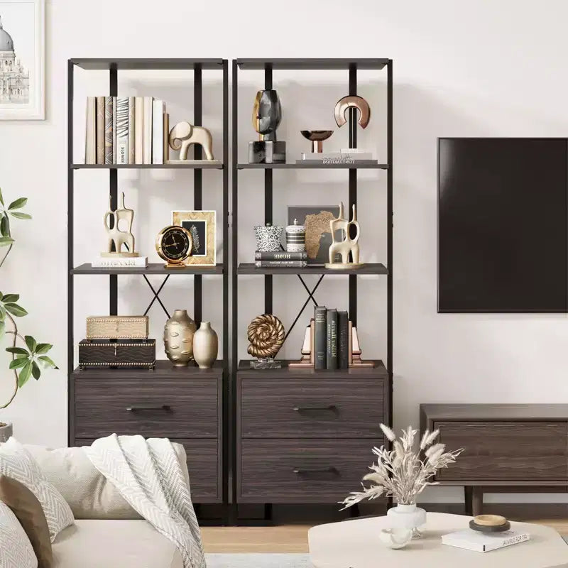 3 Tier Bookshelf, Book Shelf Storage Organizer, Wood Bookcase with 2 Drawers, Industrial Display Standing Shelf for Office Bedroom Living Room, Brown