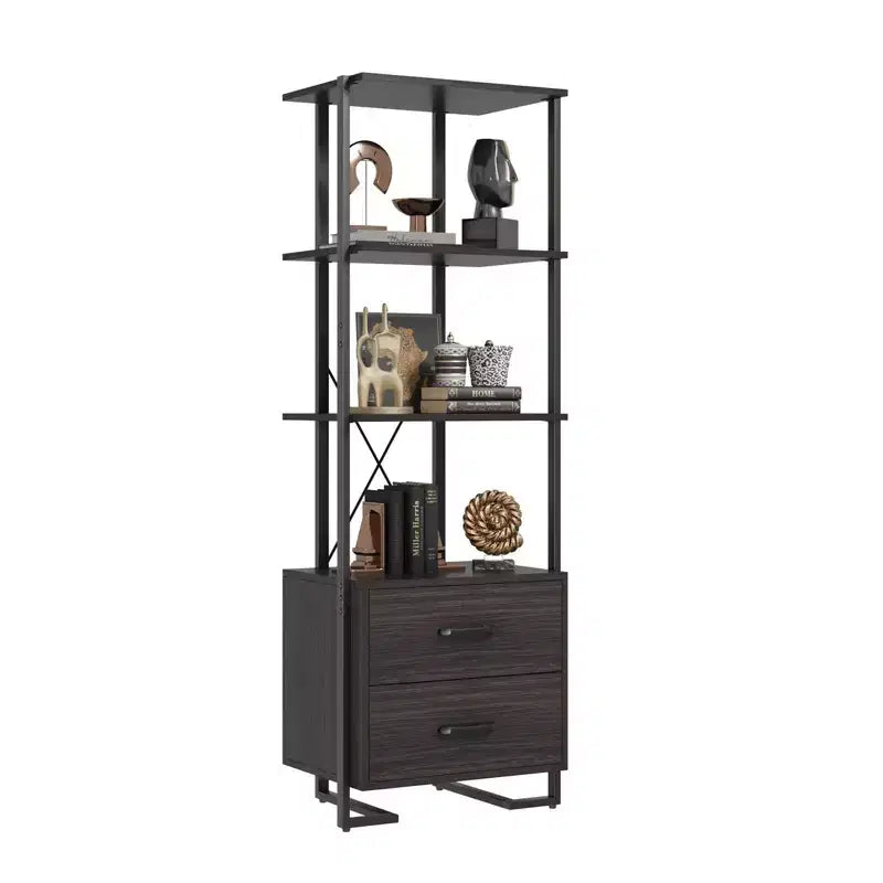 3 Tier Bookshelf, Book Shelf Storage Organizer, Wood Bookcase with 2 Drawers, Industrial Display Standing Shelf for Office Bedroom Living Room, Brown