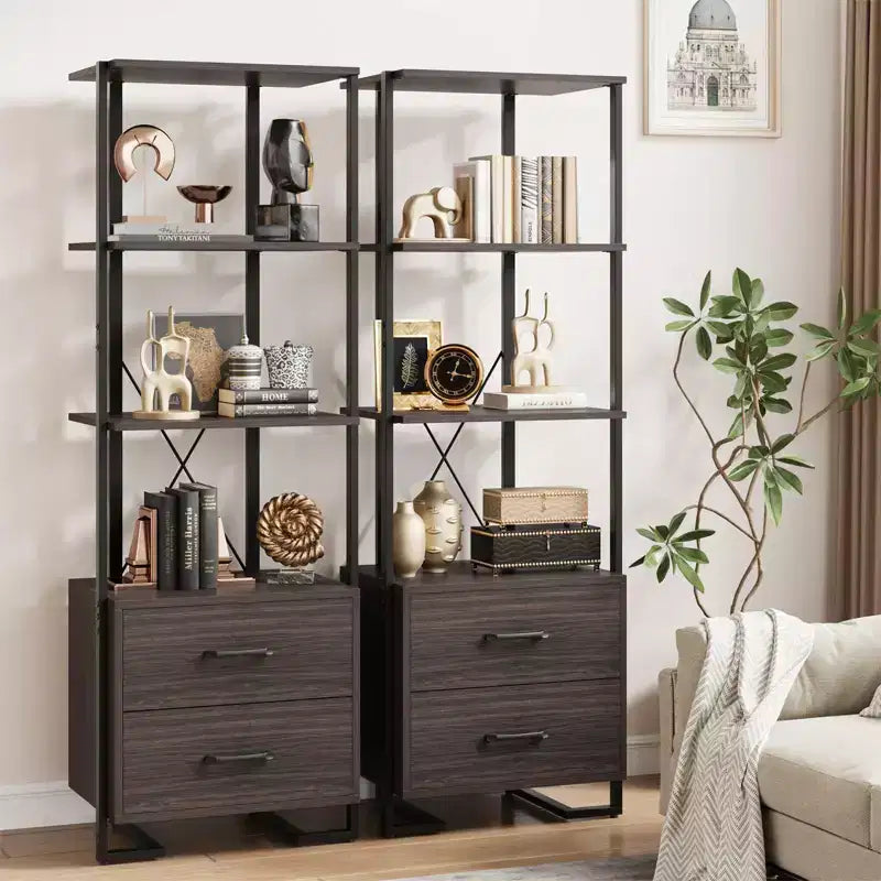 3 Tier Bookshelf, Book Shelf Storage Organizer, Wood Bookcase with 2 Drawers, Industrial Display Standing Shelf for Office Bedroom Living Room, Brown