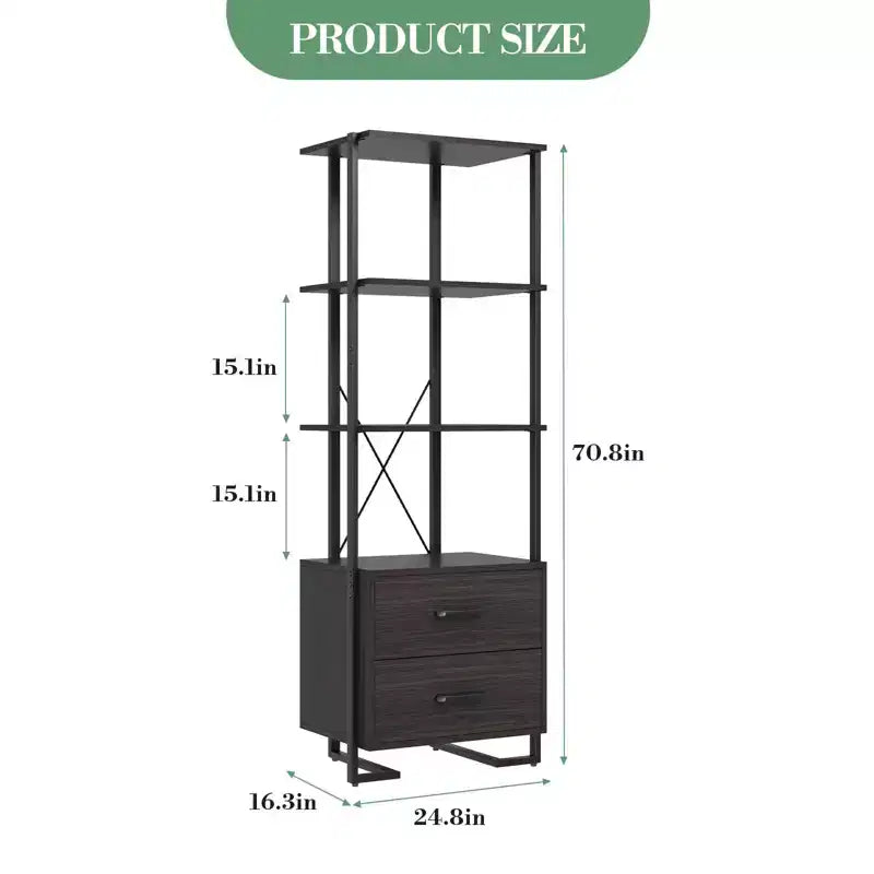 3 Tier Bookshelf, Book Shelf Storage Organizer, Wood Bookcase with 2 Drawers, Industrial Display Standing Shelf for Office Bedroom Living Room, Brown