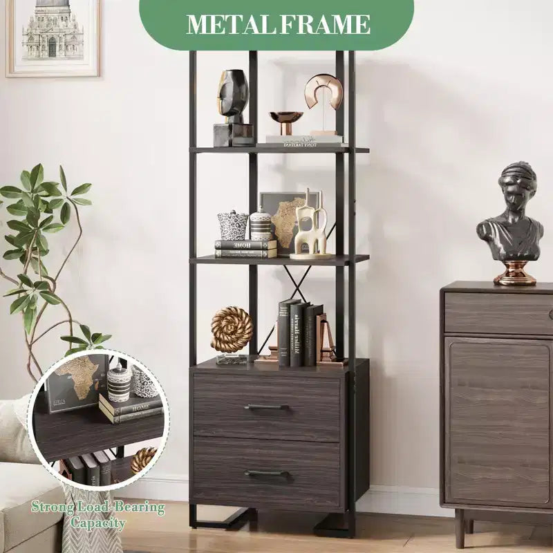 3 Tier Bookshelf, Book Shelf Storage Organizer, Wood Bookcase with 2 Drawers, Industrial Display Standing Shelf for Office Bedroom Living Room, Brown