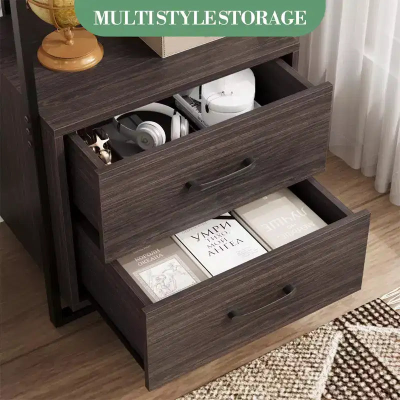 3 Tier Bookshelf, Book Shelf Storage Organizer, Wood Bookcase with 2 Drawers, Industrial Display Standing Shelf for Office Bedroom Living Room, Brown