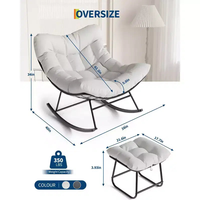 Oversized Lounge Chair with Footrest, Outdoor Papasan Rocking Chair with Ottoman and Sturdy Metal Frame, Patio Rattan Egg Rocker