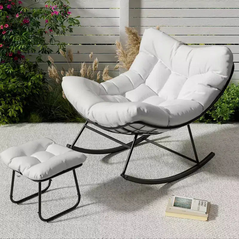 Oversized Lounge Chair with Footrest, Outdoor Papasan Rocking Chair with Ottoman and Sturdy Metal Frame, Patio Rattan Egg Rocker
