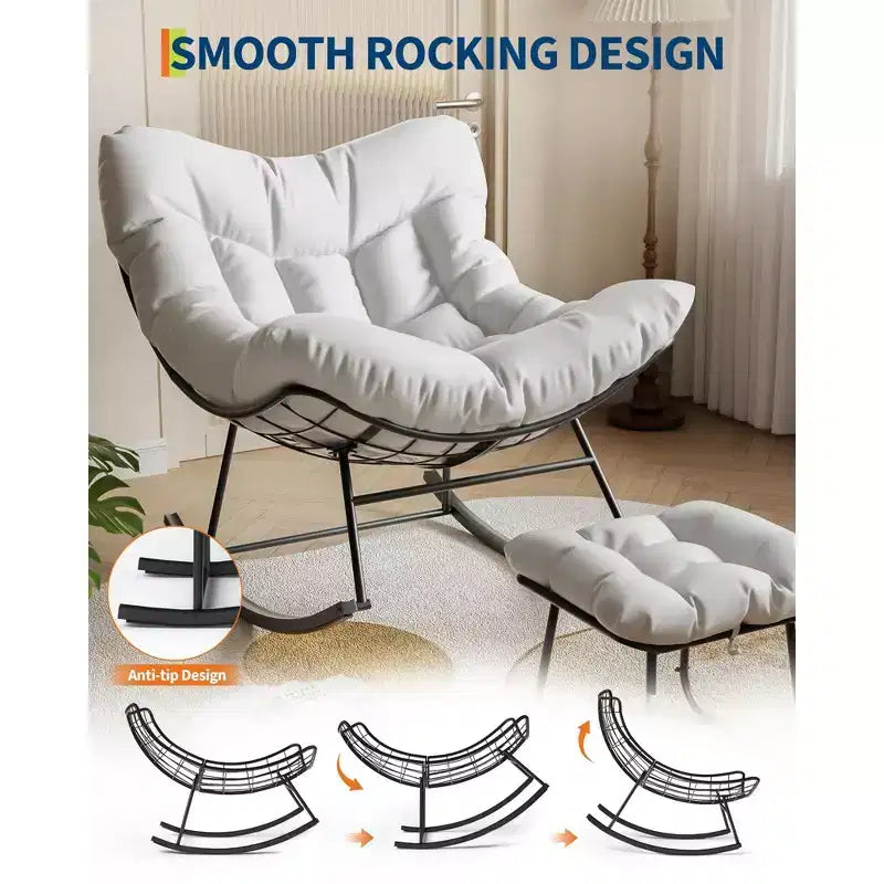 Oversized Lounge Chair with Footrest, Outdoor Papasan Rocking Chair with Ottoman and Sturdy Metal Frame, Patio Rattan Egg Rocker