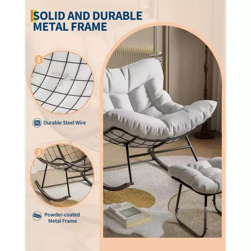 Oversized Lounge Chair with Footrest, Outdoor Papasan Rocking Chair with Ottoman and Sturdy Metal Frame, Patio Rattan Egg Rocker