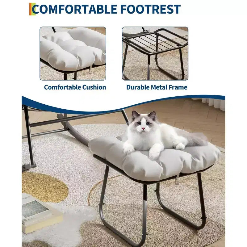 Oversized Lounge Chair with Footrest, Outdoor Papasan Rocking Chair with Ottoman and Sturdy Metal Frame, Patio Rattan Egg Rocker