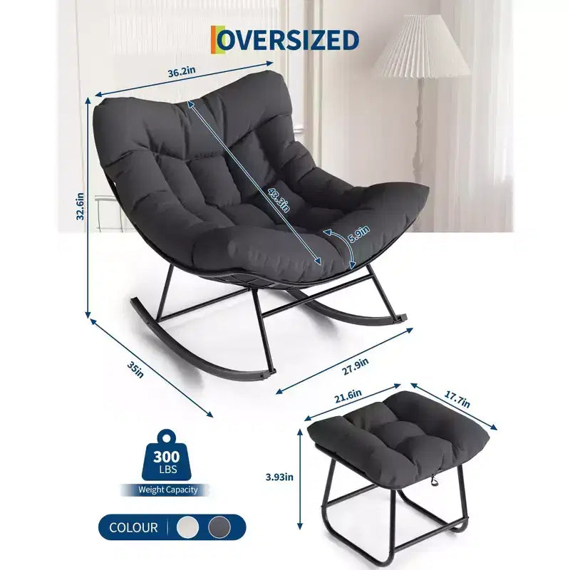 Oversized Lounge Chair with Footrest, Outdoor Papasan Rocking Chair with Ottoman and Sturdy Metal Frame, Patio Rattan Egg Rocker