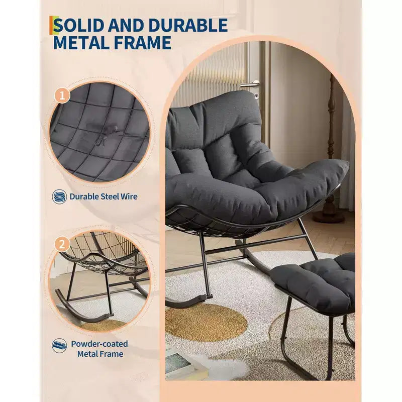 Oversized Lounge Chair with Footrest, Outdoor Papasan Rocking Chair with Ottoman and Sturdy Metal Frame, Patio Rattan Egg Rocker
