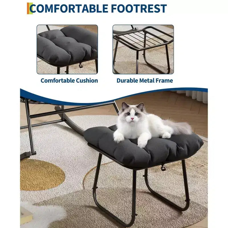 Oversized Lounge Chair with Footrest, Outdoor Papasan Rocking Chair with Ottoman and Sturdy Metal Frame, Patio Rattan Egg Rocker