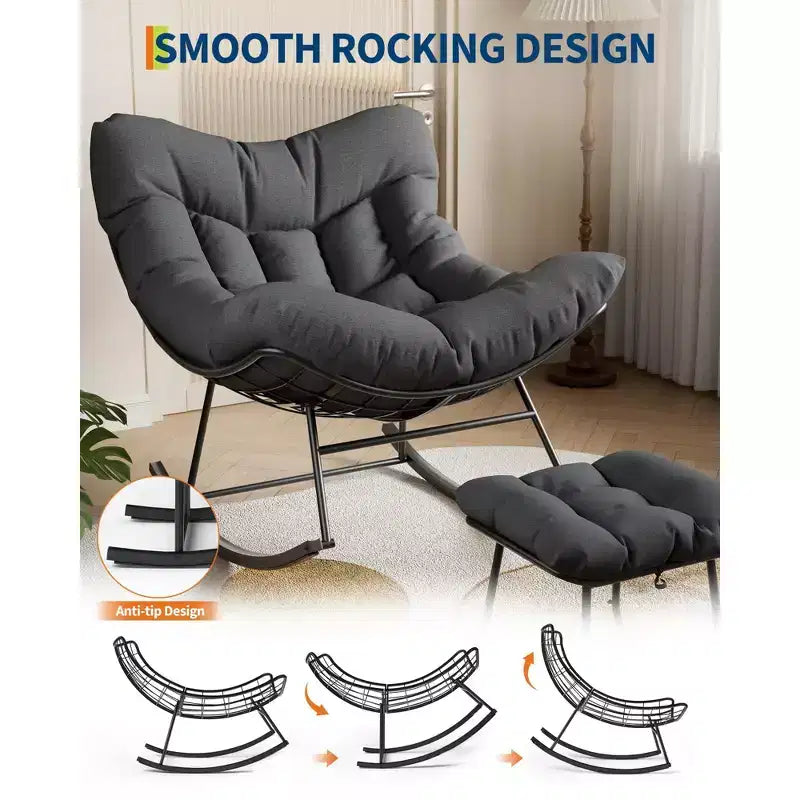 Oversized Lounge Chair with Footrest, Outdoor Papasan Rocking Chair with Ottoman and Sturdy Metal Frame, Patio Rattan Egg Rocker