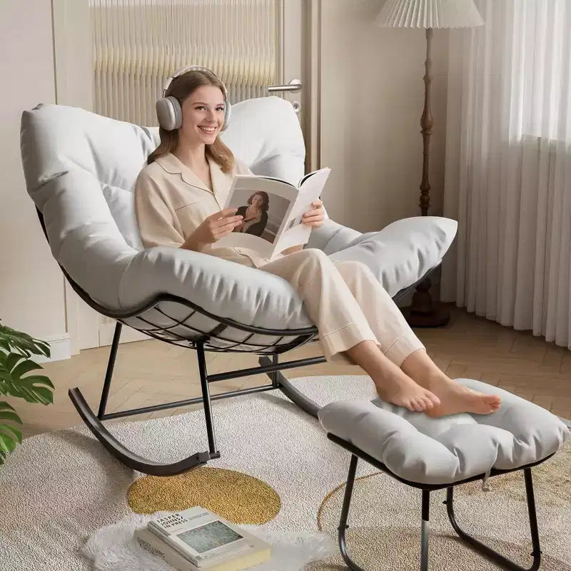 Oversized Lounge Chair with Footrest, Outdoor Papasan Rocking Chair with Ottoman and Sturdy Metal Frame, Patio Rattan Egg Rocker