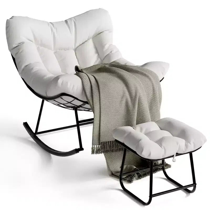 Oversized Lounge Chair with Footrest, Outdoor Papasan Rocking Chair with Ottoman and Sturdy Metal Frame, Patio Rattan Egg Rocker