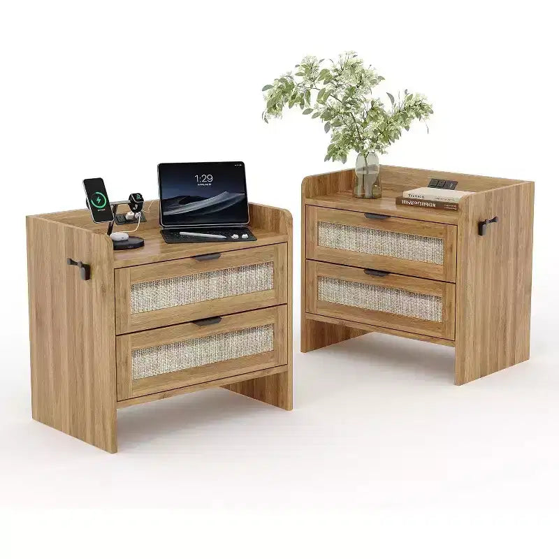 COZONY 2-Piece Wicker Nightstand Set with Type-C Charging Station, Boho Bedside Table with 2 Drawers for Bedroom