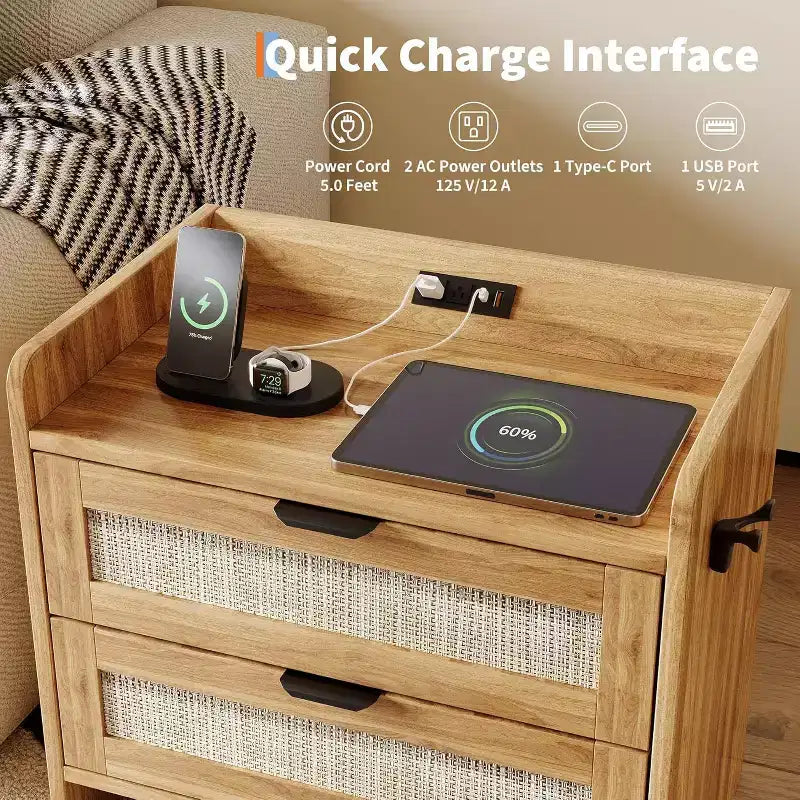 COZONY 2-Piece Wicker Nightstand Set with Type-C Charging Station, Boho Bedside Table with 2 Drawers for Bedroom