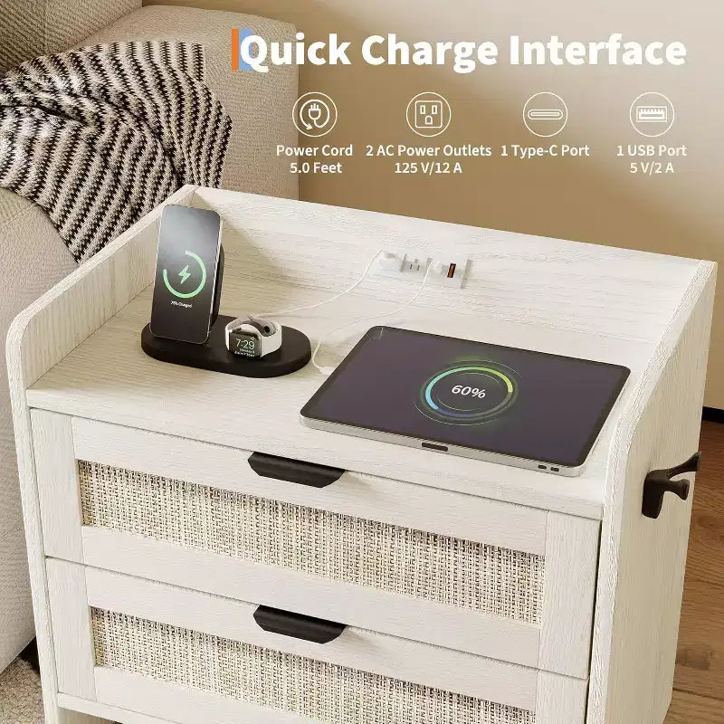 COZONY 2-Piece Wicker Nightstand Set with Type-C Charging Station, Boho Bedside Table with 2 Drawers for Bedroom