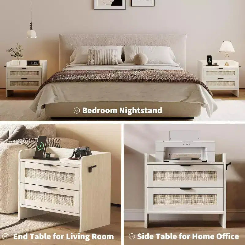 COZONY 2-Piece Wicker Nightstand Set with Type-C Charging Station, Boho Bedside Table with 2 Drawers for Bedroom