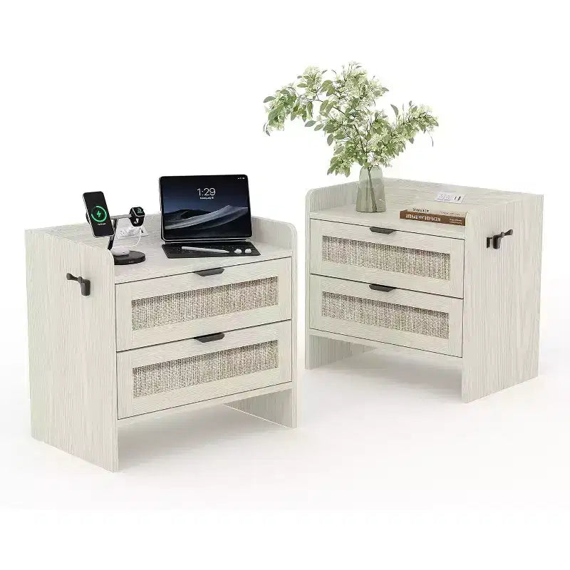 COZONY 2-Piece Wicker Nightstand Set with Type-C Charging Station, Boho Bedside Table with 2 Drawers for Bedroom
