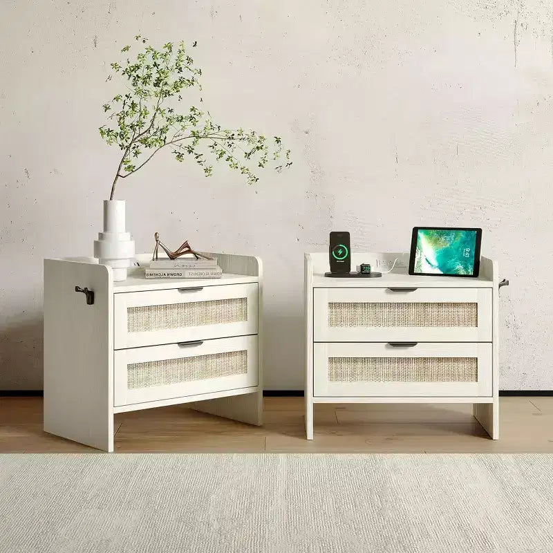 COZONY 2-Piece Wicker Nightstand Set with Type-C Charging Station, Boho Bedside Table with 2 Drawers for Bedroom