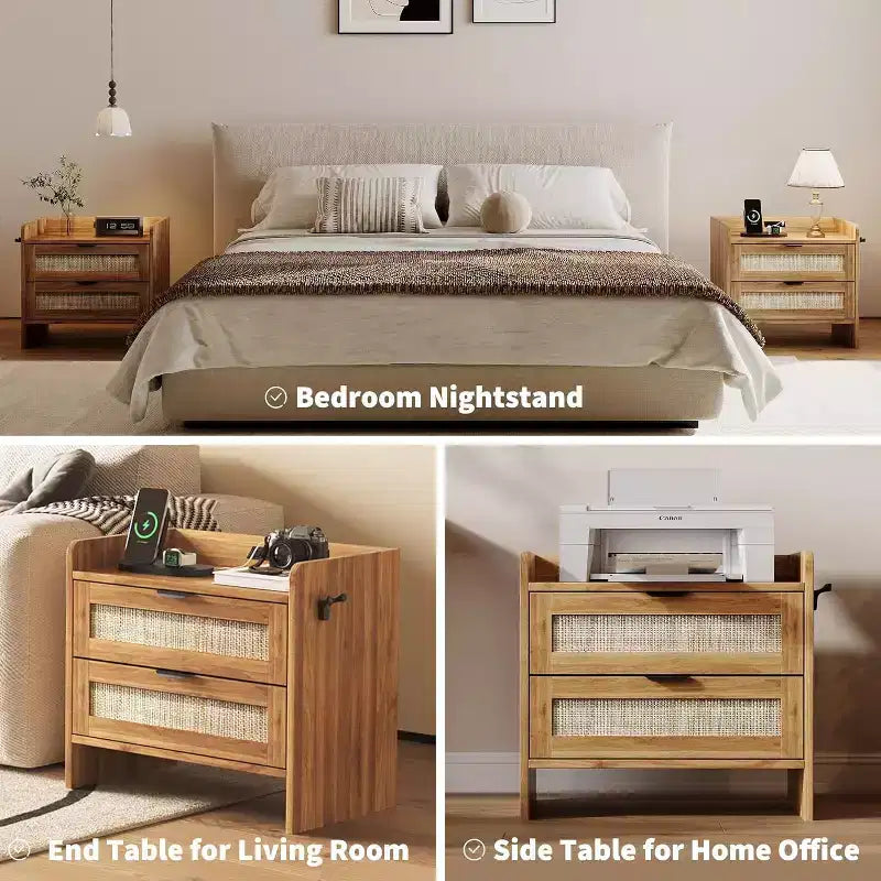 COZONY 2-Piece Wicker Nightstand Set with Type-C Charging Station, Boho Bedside Table with 2 Drawers for Bedroom