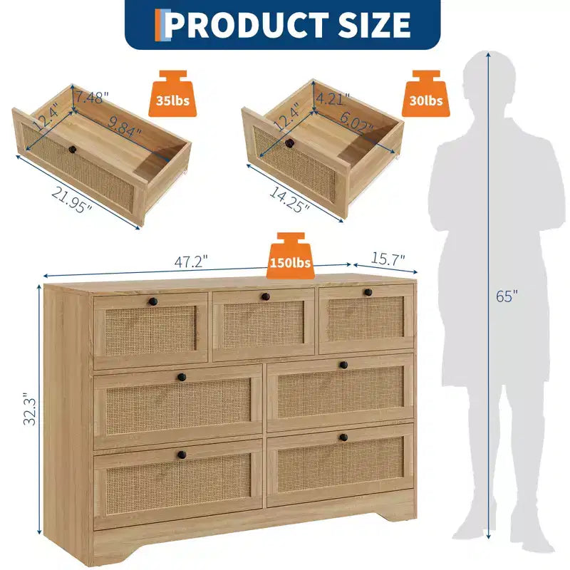 Rattan 7 Drawer Dresser for Bedroom, Farmhouse Modern Dressers & Chests of Drawers, for Closet, Living Room, Entryway, Hallway, Oak