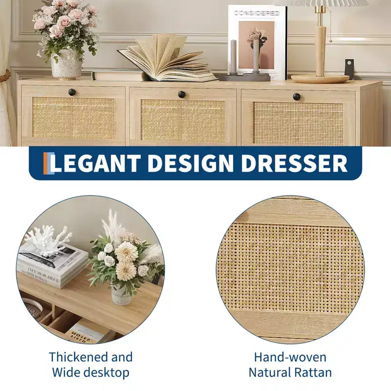 Rattan 7 Drawer Dresser for Bedroom, Farmhouse Modern Dressers & Chests of Drawers, for Closet, Living Room, Entryway, Hallway, Oak