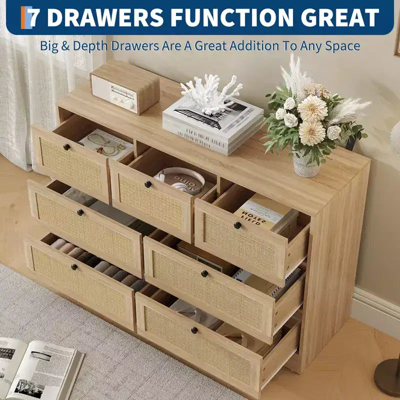 Rattan 7 Drawer Dresser for Bedroom, Farmhouse Modern Dressers & Chests of Drawers, for Closet, Living Room, Entryway, Hallway, Oak