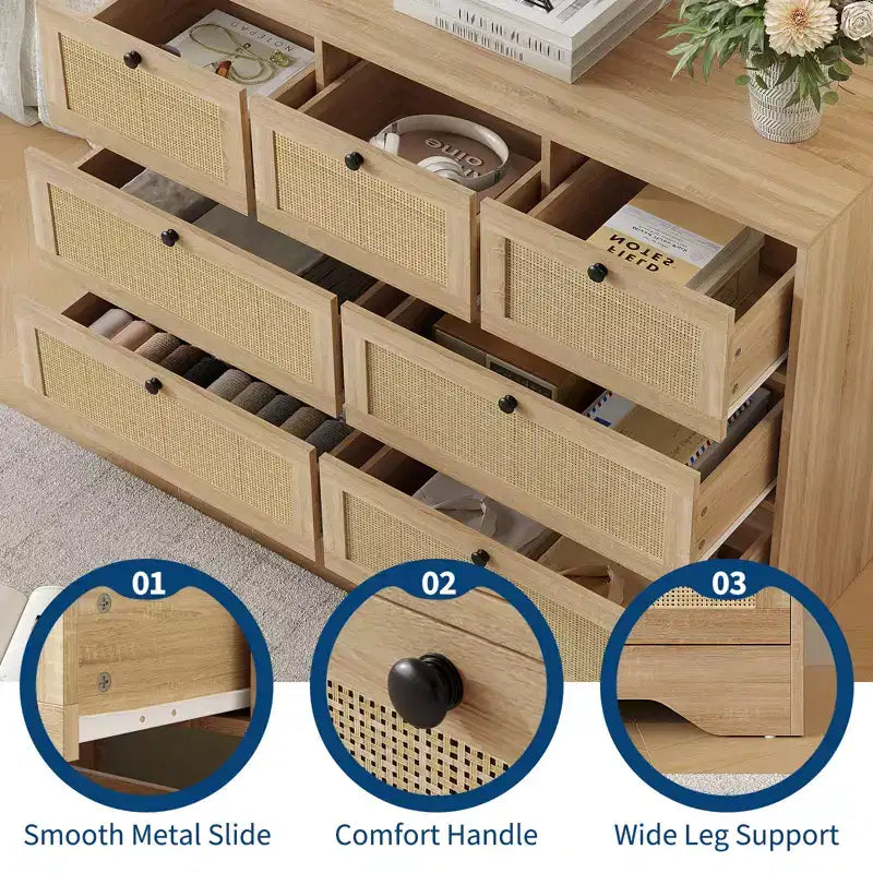 Rattan 7 Drawer Dresser for Bedroom, Farmhouse Modern Dressers & Chests of Drawers, for Closet, Living Room, Entryway, Hallway, Oak