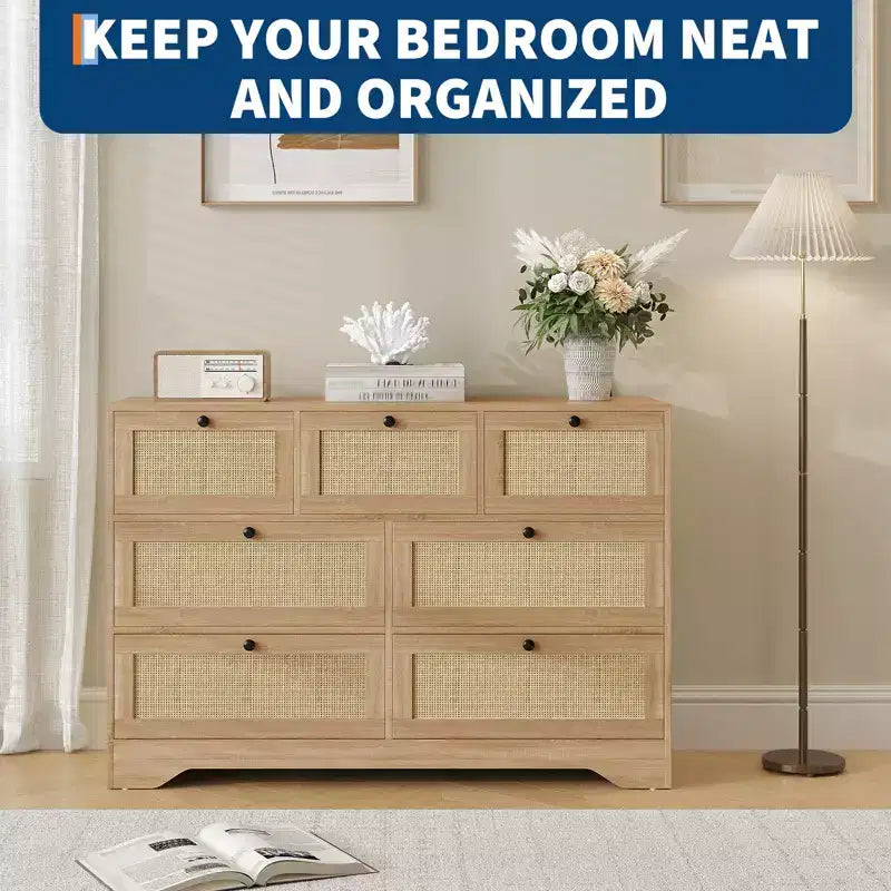 Rattan 7 Drawer Dresser for Bedroom, Farmhouse Modern Dressers & Chests of Drawers, for Closet, Living Room, Entryway, Hallway, Oak