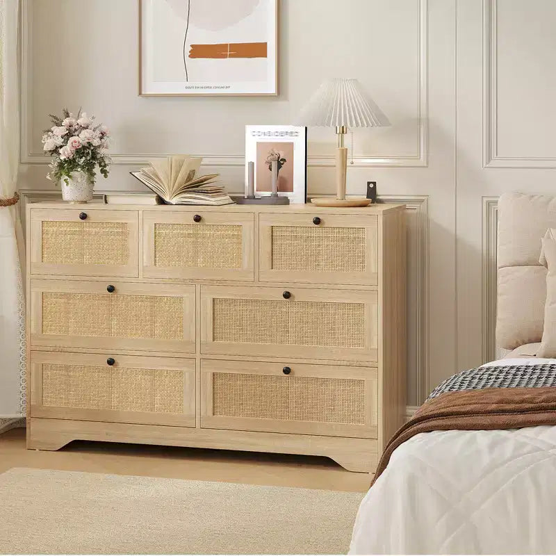 Rattan 7 Drawer Dresser for Bedroom, Farmhouse Modern Dressers & Chests of Drawers, for Closet, Living Room, Entryway, Hallway, Oak