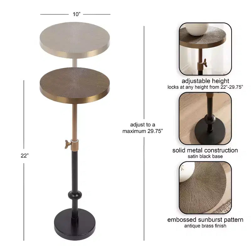 Kate and Laurel Engles Adjustable Embossed Metal Table and Plant Stand, 10x10x30, Gold and Black