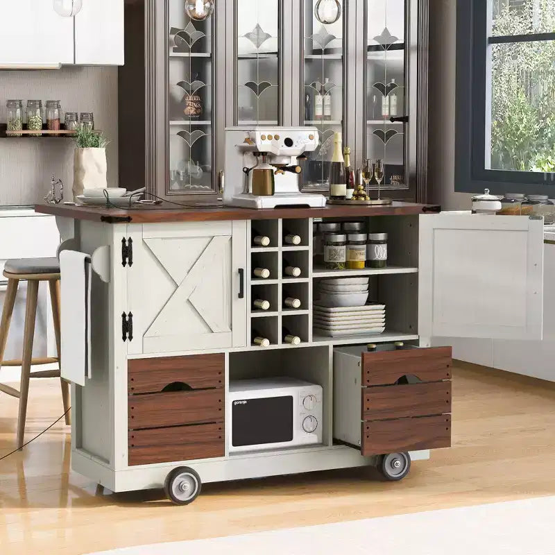 Okak Kitchen Island with Drop Leaf and Power Outlet, Countertop Organizer with 2 Doors, 2 Drawers, Kitchen Cart for Kitchen, Dining Room