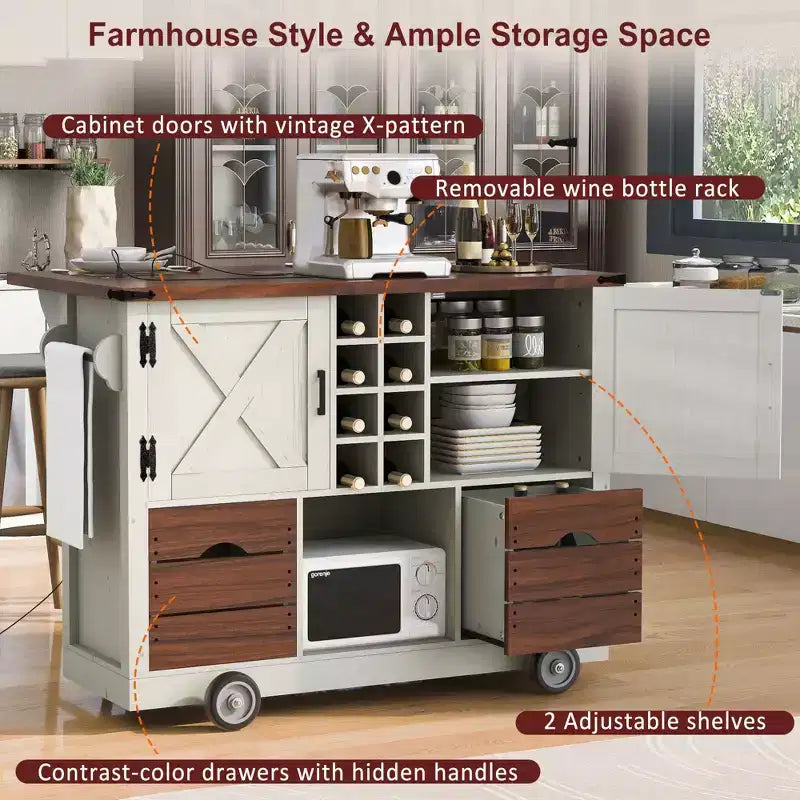 Okak Kitchen Island with Drop Leaf and Power Outlet, Countertop Organizer with 2 Doors, 2 Drawers, Kitchen Cart for Kitchen, Dining Room
