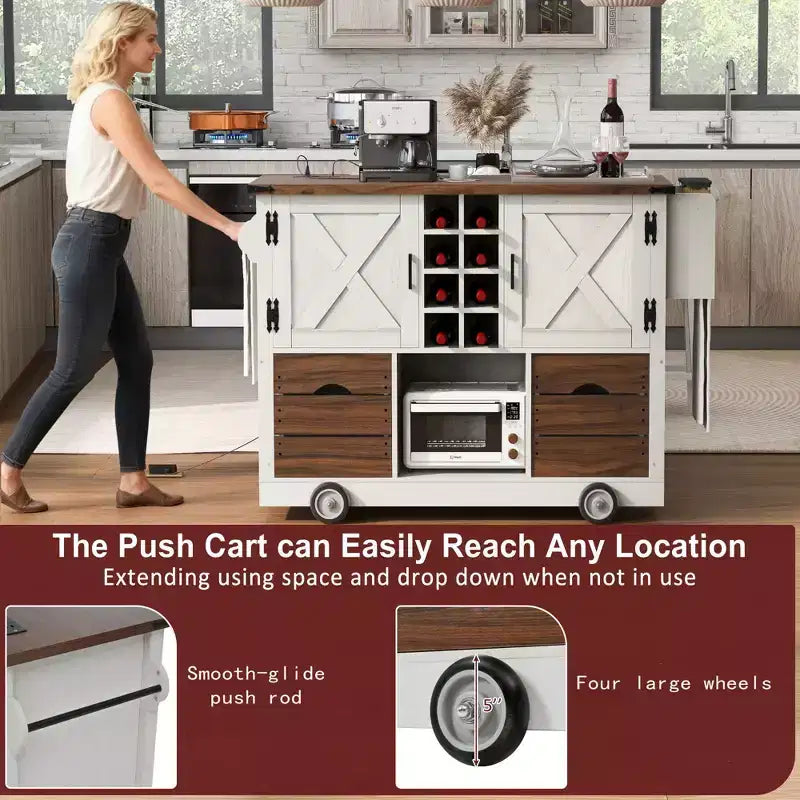 Okak Kitchen Island with Drop Leaf and Power Outlet, Countertop Organizer with 2 Doors, 2 Drawers, Kitchen Cart for Kitchen, Dining Room
