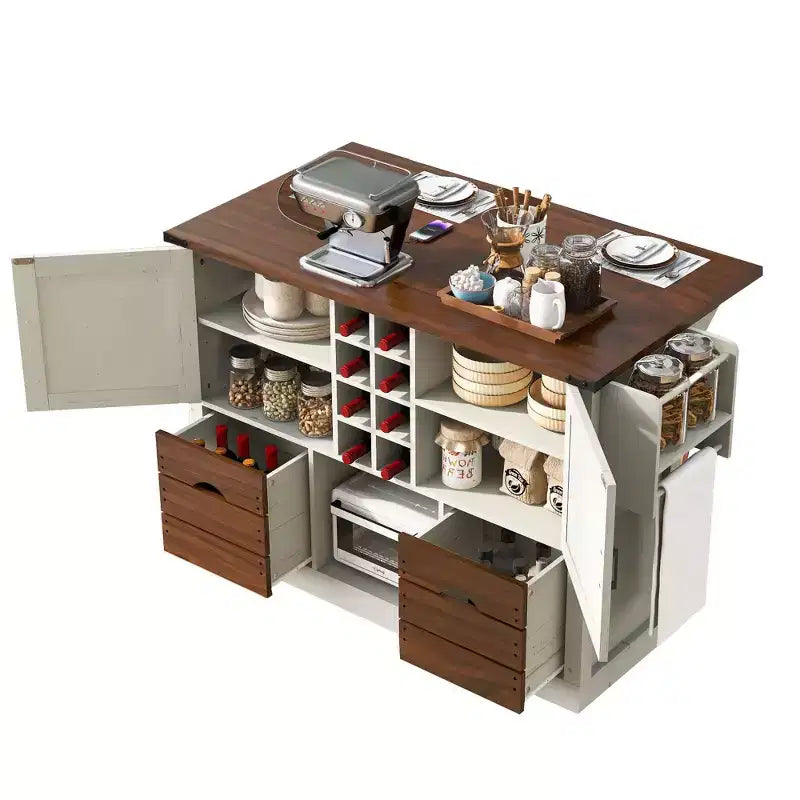Okak Kitchen Island with Drop Leaf and Power Outlet, Countertop Organizer with 2 Doors, 2 Drawers, Kitchen Cart for Kitchen, Dining Room