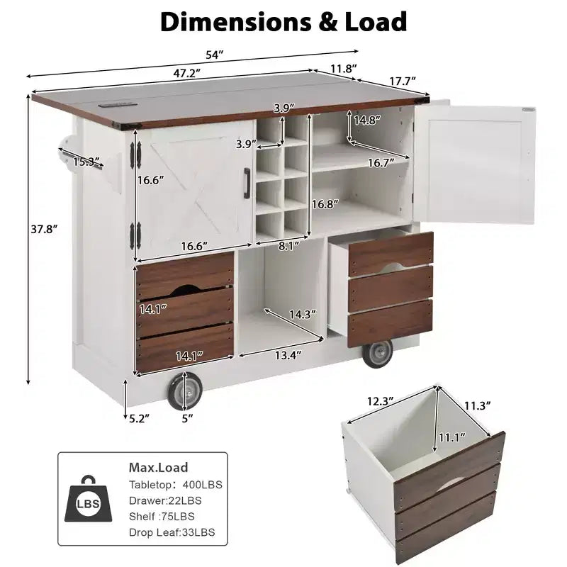 Okak Kitchen Island with Drop Leaf and Power Outlet, Countertop Organizer with 2 Doors, 2 Drawers, Kitchen Cart for Kitchen, Dining Room