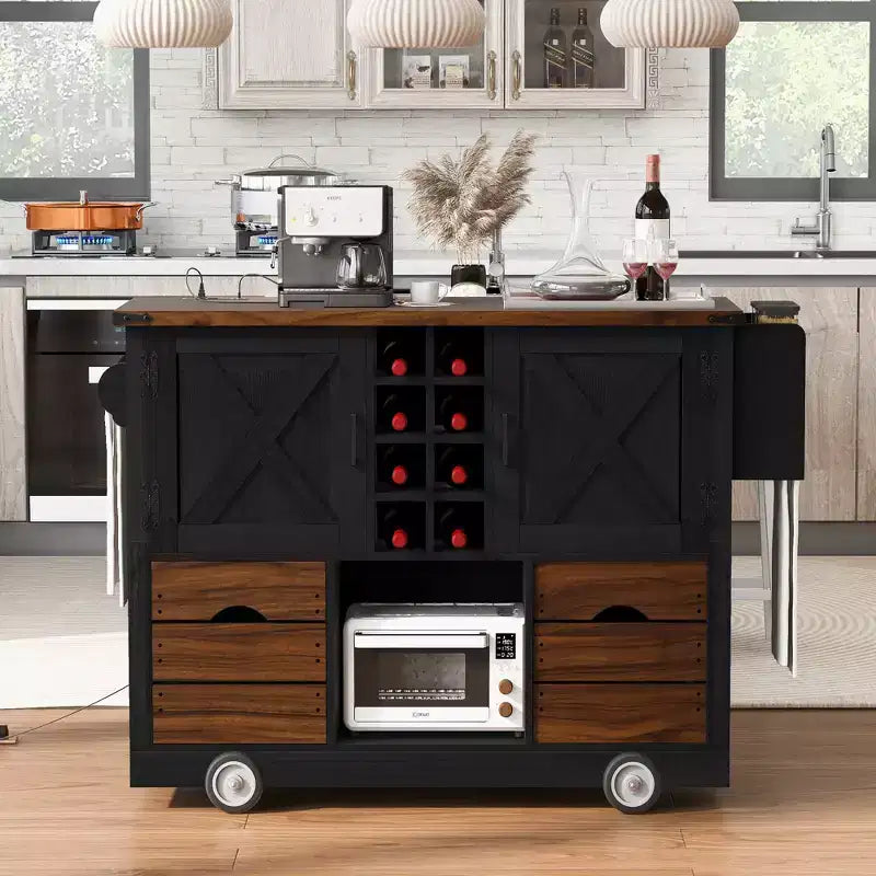 Okak Kitchen Island with Drop Leaf and Power Outlet, Countertop Organizer with 2 Doors, 2 Drawers, Kitchen Cart for Kitchen, Dining Room