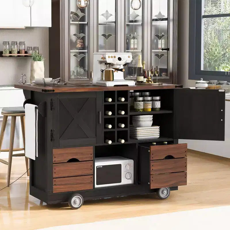 Okak Kitchen Island with Drop Leaf and Power Outlet, Countertop Organizer with 2 Doors, 2 Drawers, Kitchen Cart for Kitchen, Dining Room