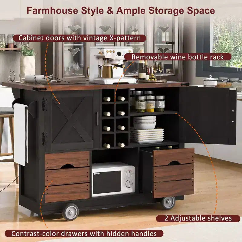 Okak Kitchen Island with Drop Leaf and Power Outlet, Countertop Organizer with 2 Doors, 2 Drawers, Kitchen Cart for Kitchen, Dining Room