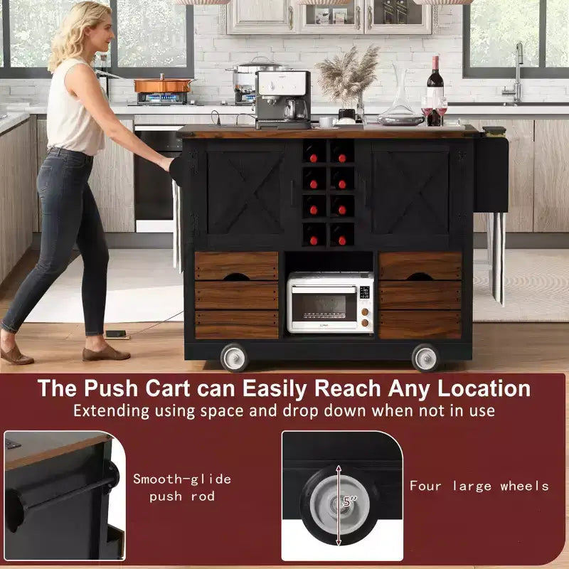 Okak Kitchen Island with Drop Leaf and Power Outlet, Countertop Organizer with 2 Doors, 2 Drawers, Kitchen Cart for Kitchen, Dining Room