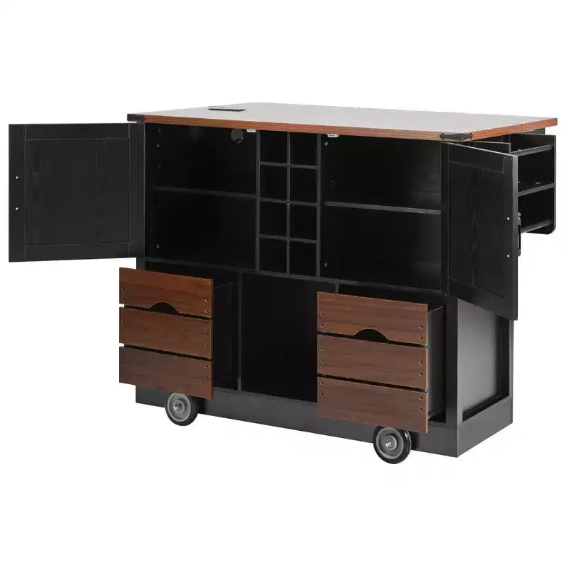 Okak Kitchen Island with Drop Leaf and Power Outlet, Countertop Organizer with 2 Doors, 2 Drawers, Kitchen Cart for Kitchen, Dining Room