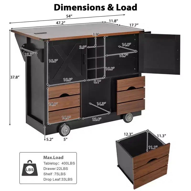 Okak Kitchen Island with Drop Leaf and Power Outlet, Countertop Organizer with 2 Doors, 2 Drawers, Kitchen Cart for Kitchen, Dining Room