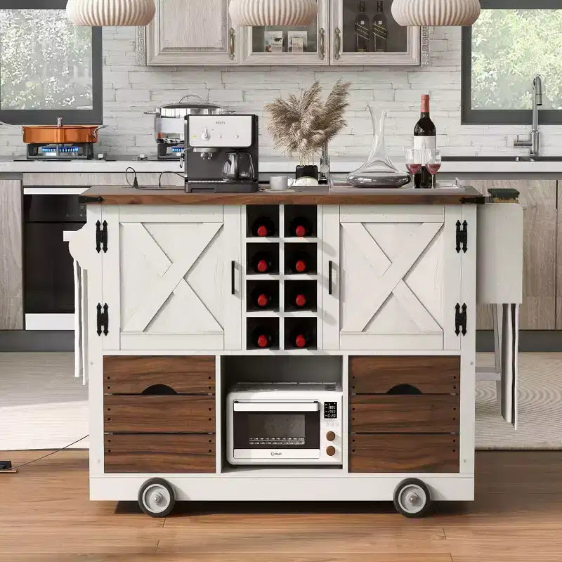 Okak Kitchen Island with Drop Leaf and Power Outlet, Countertop Organizer with 2 Doors, 2 Drawers, Kitchen Cart for Kitchen, Dining Room
