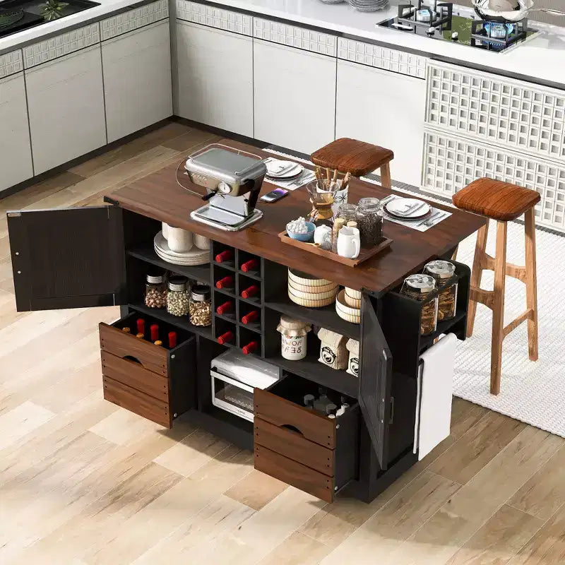 Okak Kitchen Island with Drop Leaf and Power Outlet, Countertop Organizer with 2 Doors, 2 Drawers, Kitchen Cart for Kitchen, Dining Room