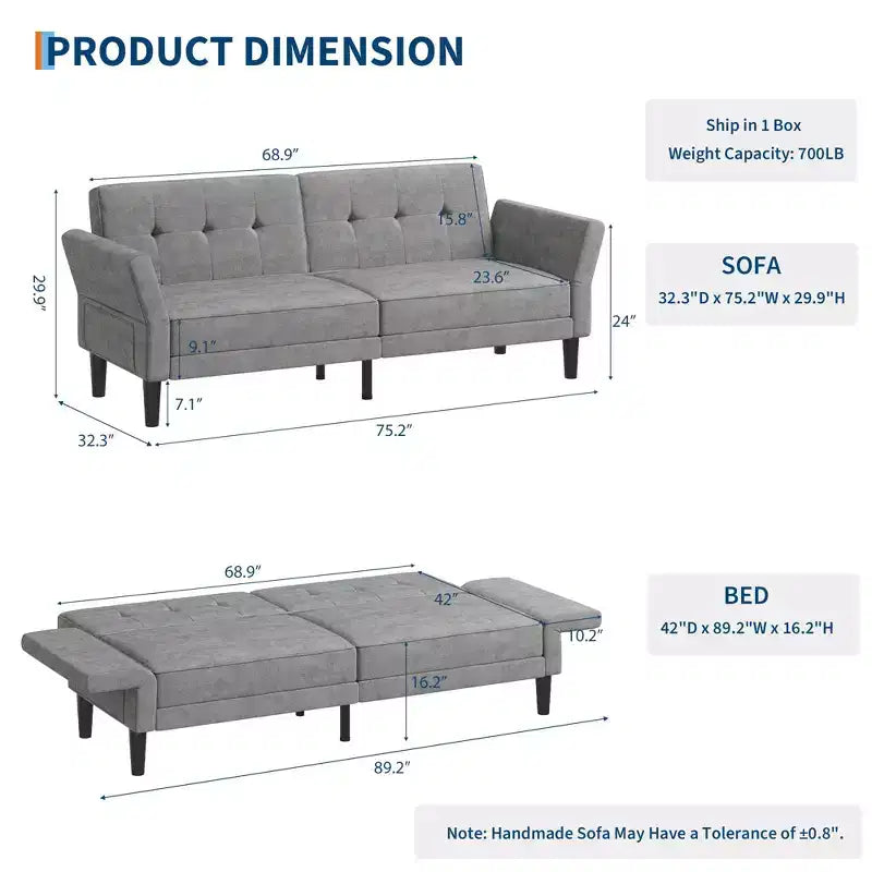 89 Futon Sofa Bed, Modern Chenille Sleeper Couch with Adjustable Backrest & Armrest, Convertible Futon Couch for Living Room Bedroom Apartments