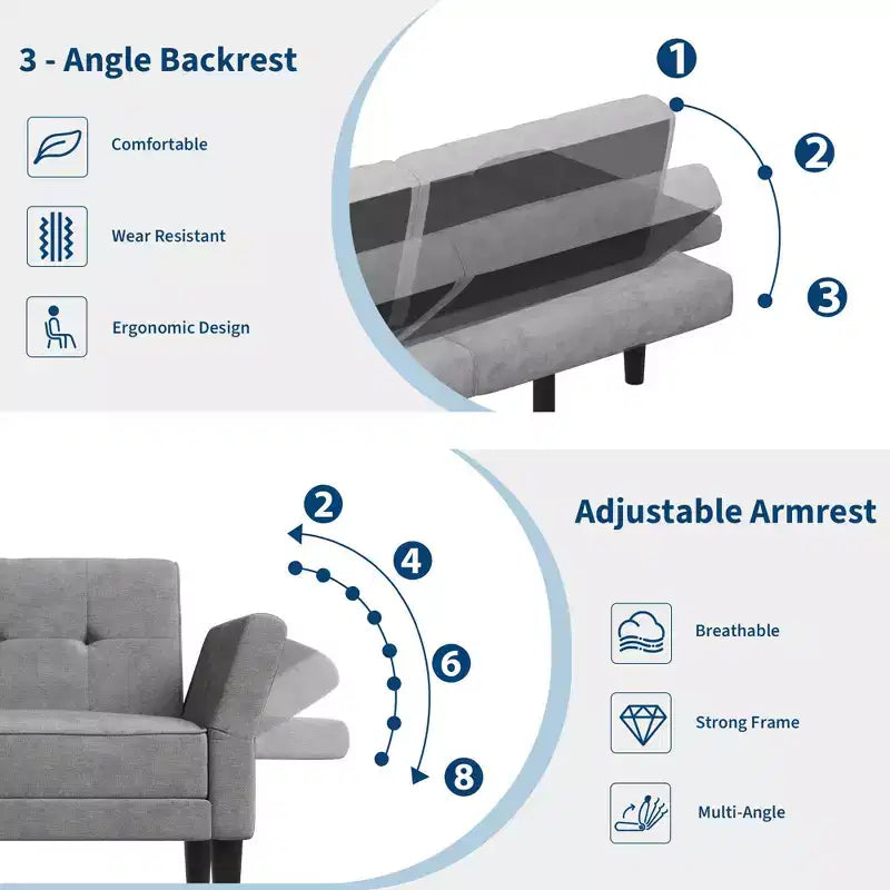 89 Futon Sofa Bed, Modern Chenille Sleeper Couch with Adjustable Backrest & Armrest, Convertible Futon Couch for Living Room Bedroom Apartments